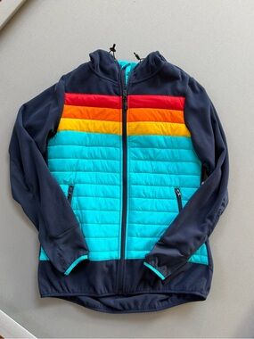Women’s Colorblock hooded Puffer Jacket in Aqua and Navy size Large/8
